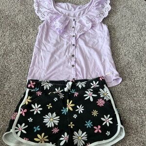 Justice Lavender Eyelet Button Tank with Floral Black Daisy Shorts